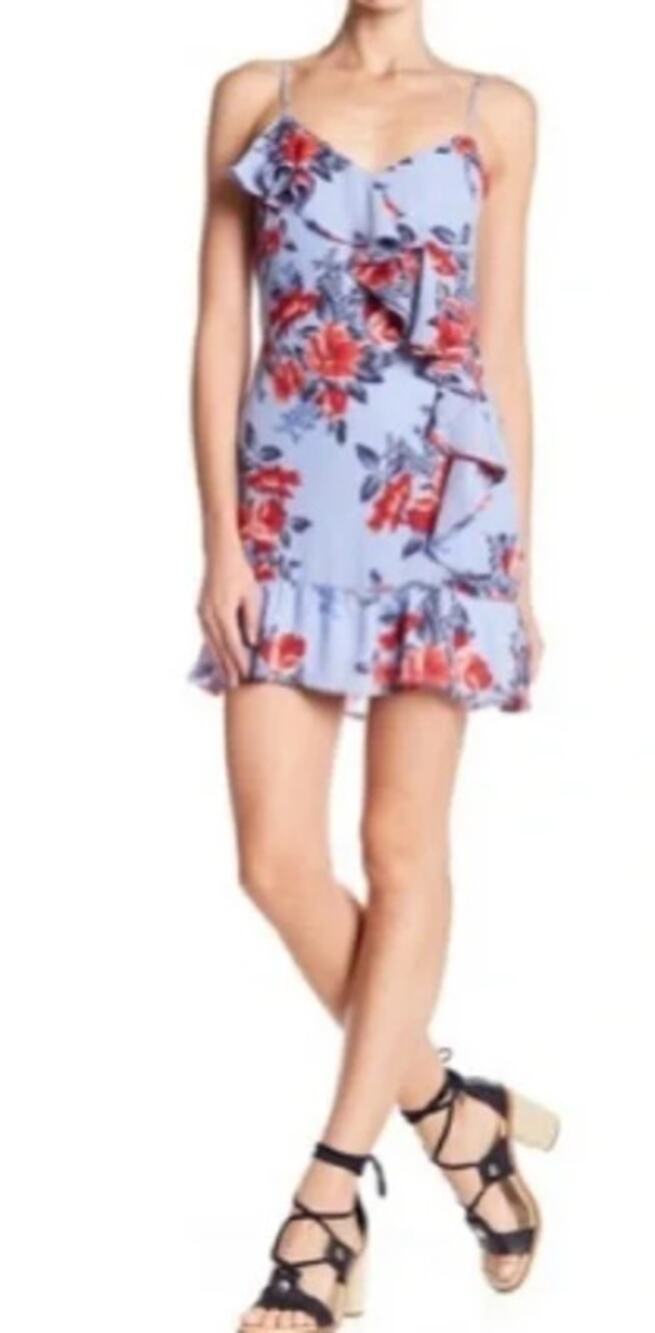 Parker Floral Ruffle Mini Dress Women's L Blue Lilac Cocktail Sleeveless Lined